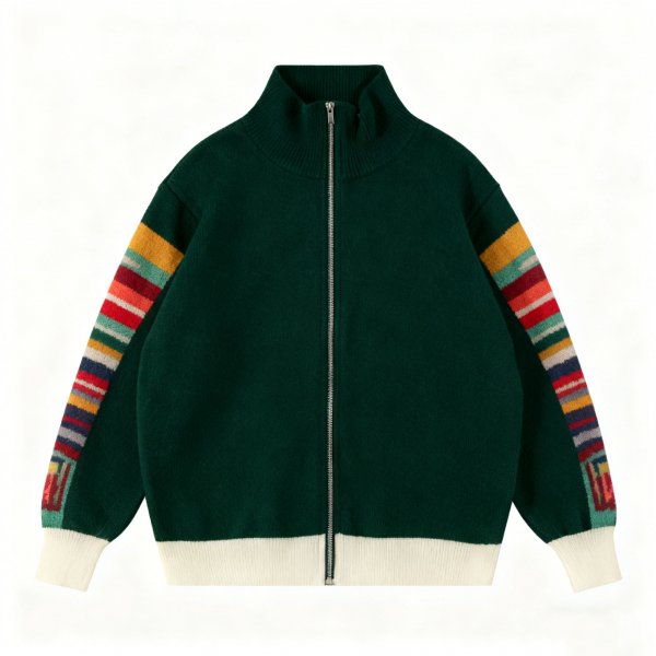 Women's Dark Green Knit Zip-Up Cardigan with Colorful Striped Sleeves
